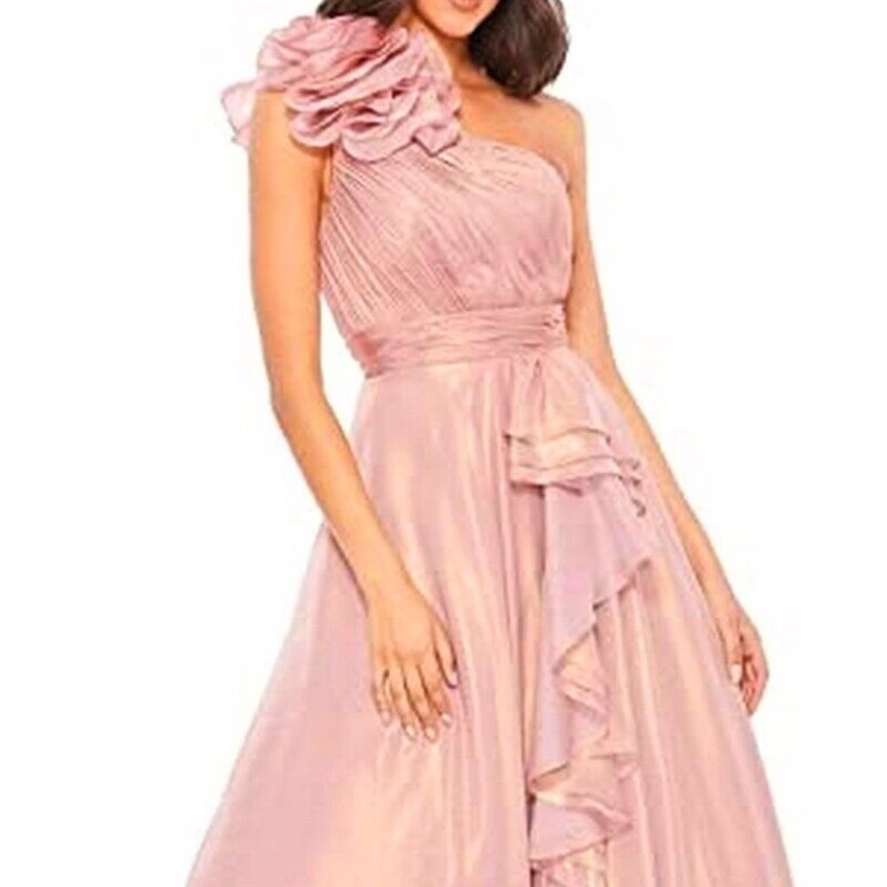 Ieena For Mac Duggal Rose Gold One Floral Shoulder Ruffle Gown